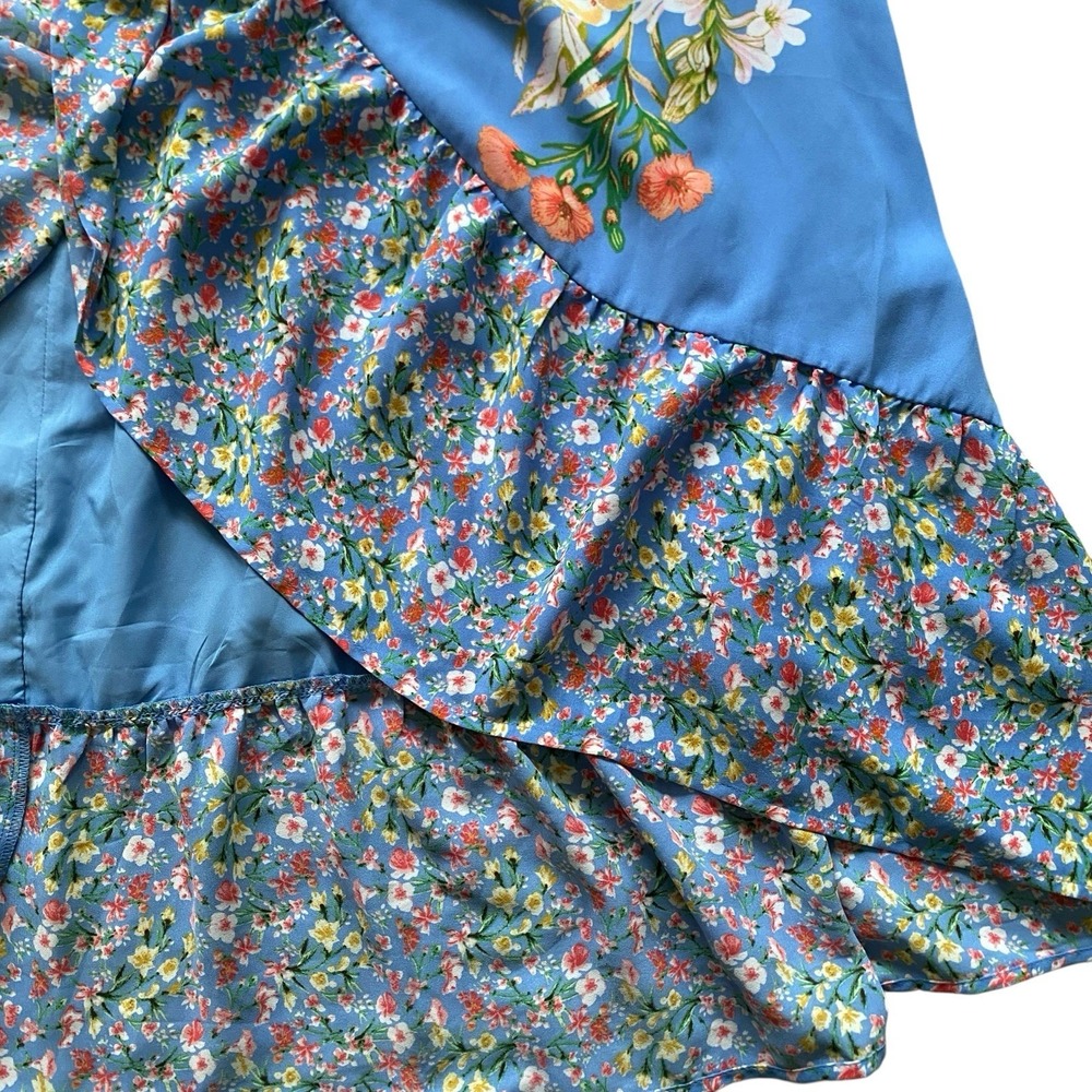 Wrap High Low Floral Dress Size L Blue Ruffled Romantic Cottage Feminine - Picture 7 of 12